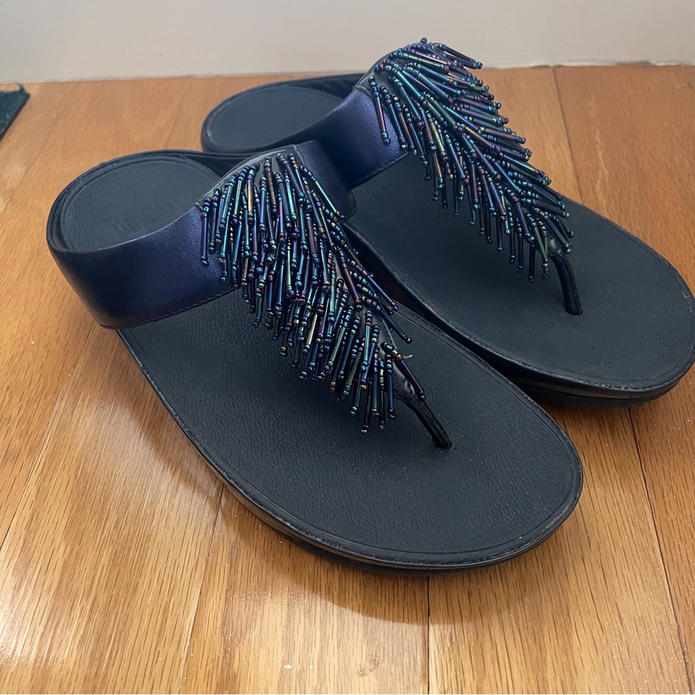FitFlop Cha Cha Sandals Beaded Fringe Flip Flop in Blue Sapphire Women’s Size 6